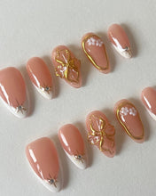 Load image into Gallery viewer, Hand-Painted Pink-Themed 3D Carved Almond Shaped Nails with Sticky Tabs &amp; Kit E062