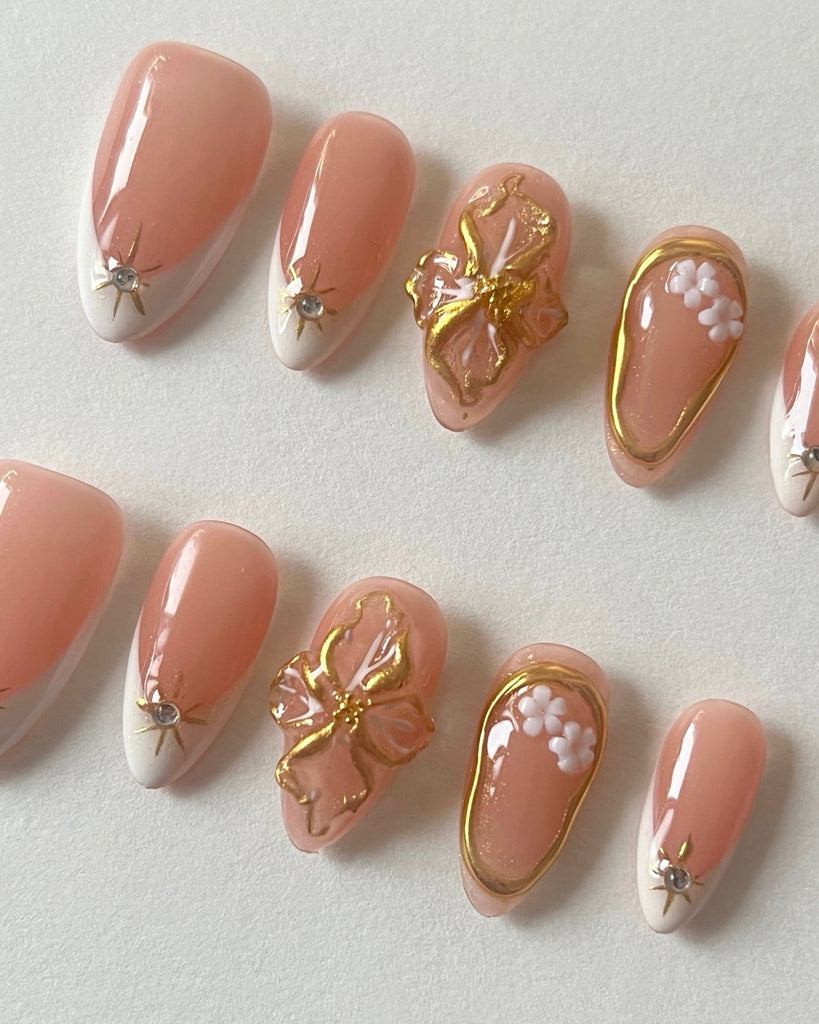 Hand-Painted Pink-Themed 3D Carved Almond Shaped Nails with Sticky Tabs & Kit E062