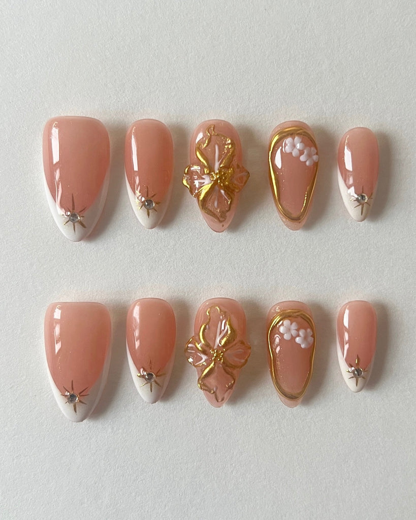 Hand-Painted Pink-Themed 3D Carved Almond Shaped Nails with Sticky Tabs & Kit E062