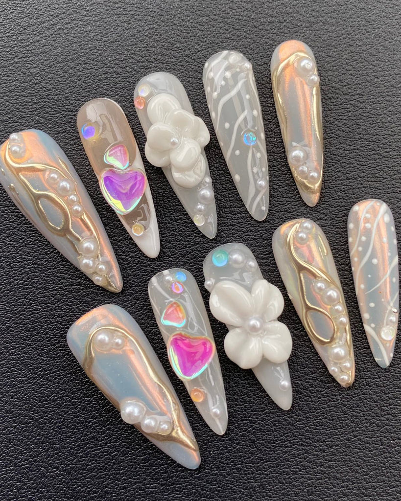 Hand-Painted Dream Wedding 3D Carved Stiletto Nails with Sticky Tabs & Kit E031