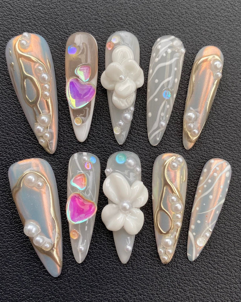 Hand-Painted Dream Wedding 3D Carved Stiletto Nails with Sticky Tabs & Kit E031