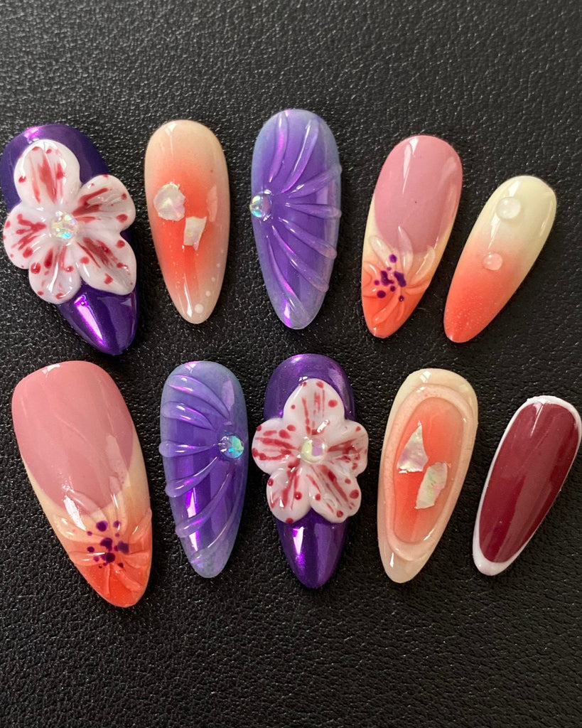 Hand-Painted Purple Temptation 3D Carved Almond Shaped Nails with Sticky Tabs & Kit E047