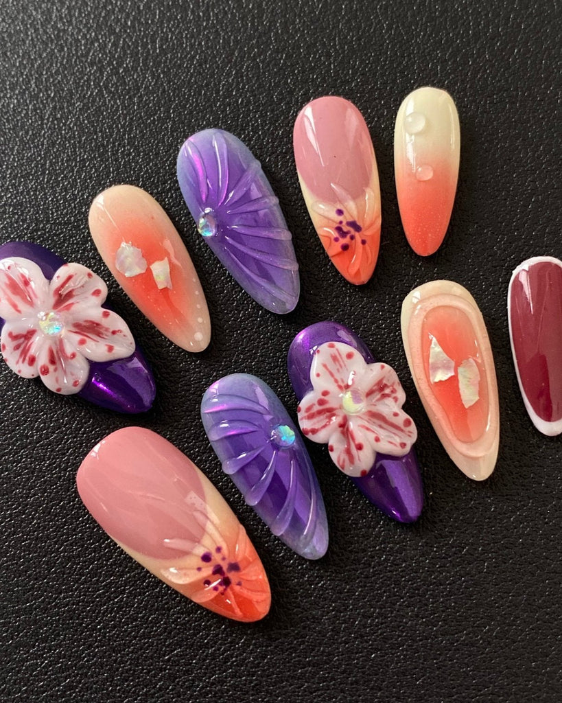 Hand-Painted Purple Temptation 3D Carved Almond Shaped Nails with Sticky Tabs & Kit E047