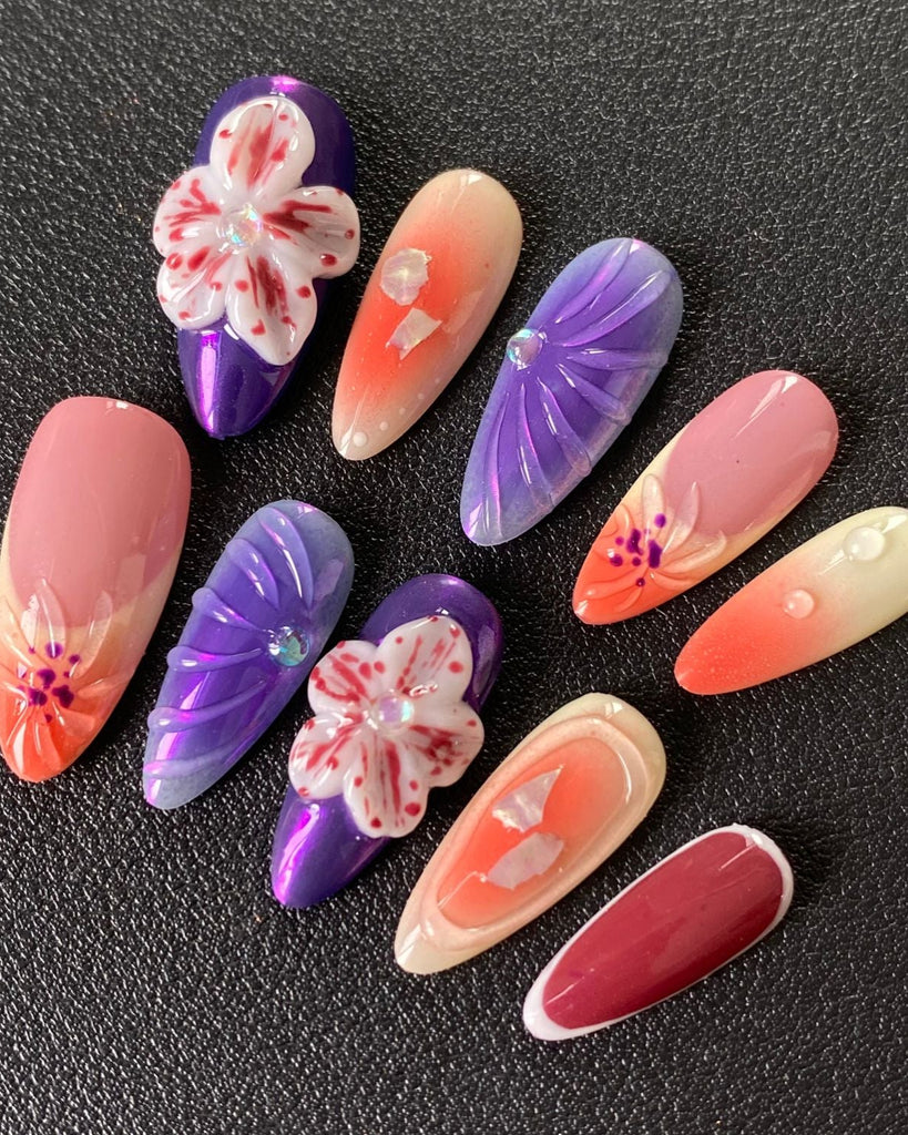 Hand-Painted Purple Temptation 3D Carved Almond Shaped Nails with Sticky Tabs & Kit E047