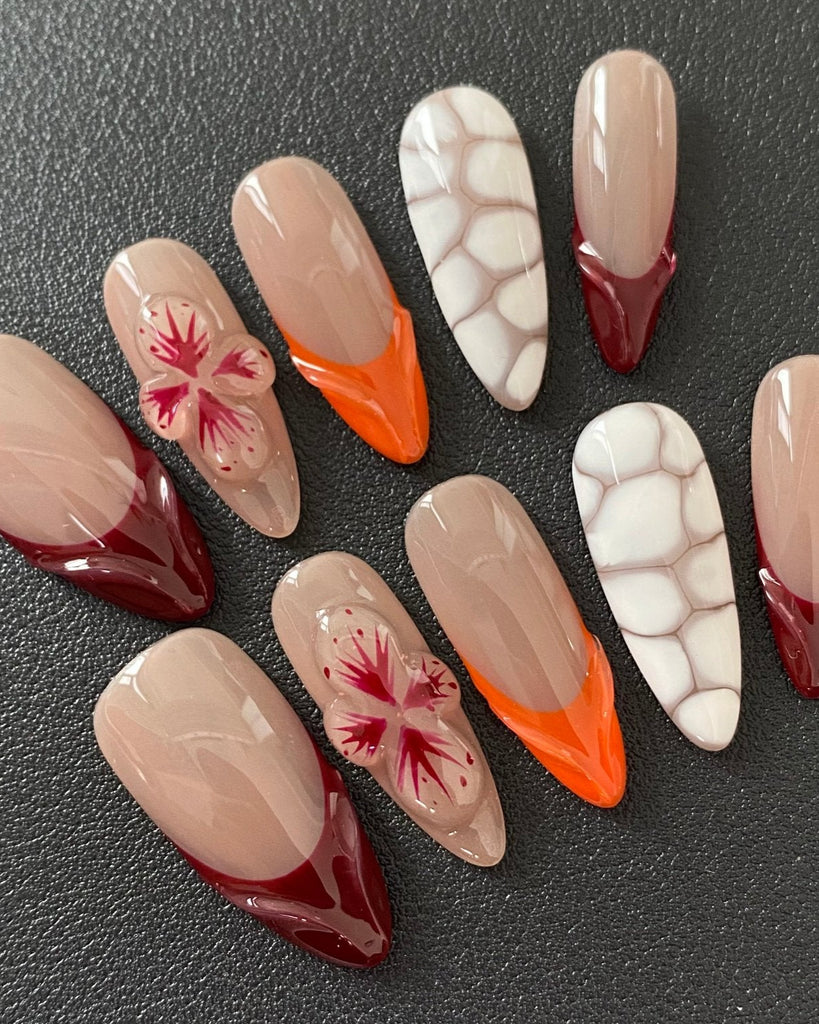 Hand-Painted Marble Pattern 3D Carved Almond Shaped Nails with Sticky Tabs & Kit E046