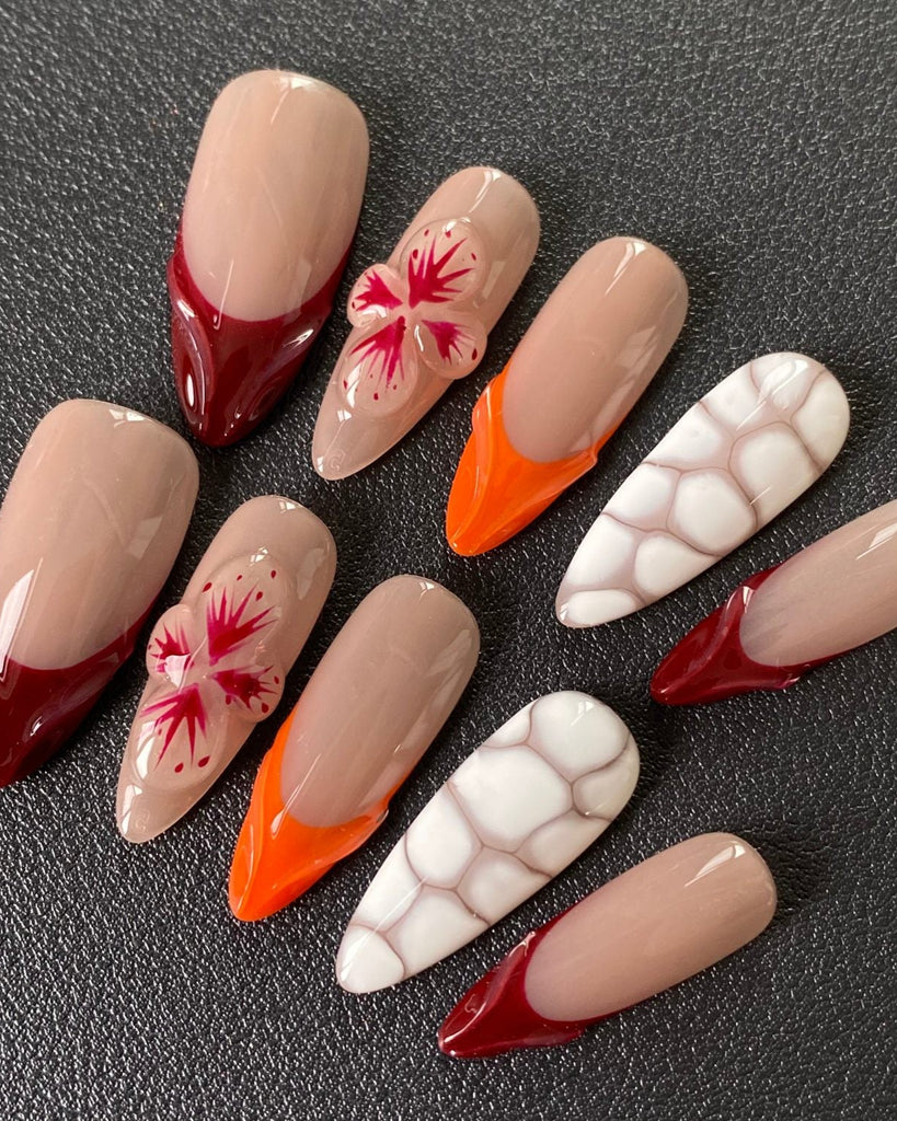 Hand-Painted Marble Pattern 3D Carved Almond Shaped Nails with Sticky Tabs & Kit E046