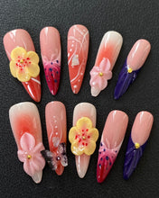 Load image into Gallery viewer, Hand-Painted Butterfly Plumeria 3D Carved Stiletto Nails with Sticky Tabs &amp; Kit E042