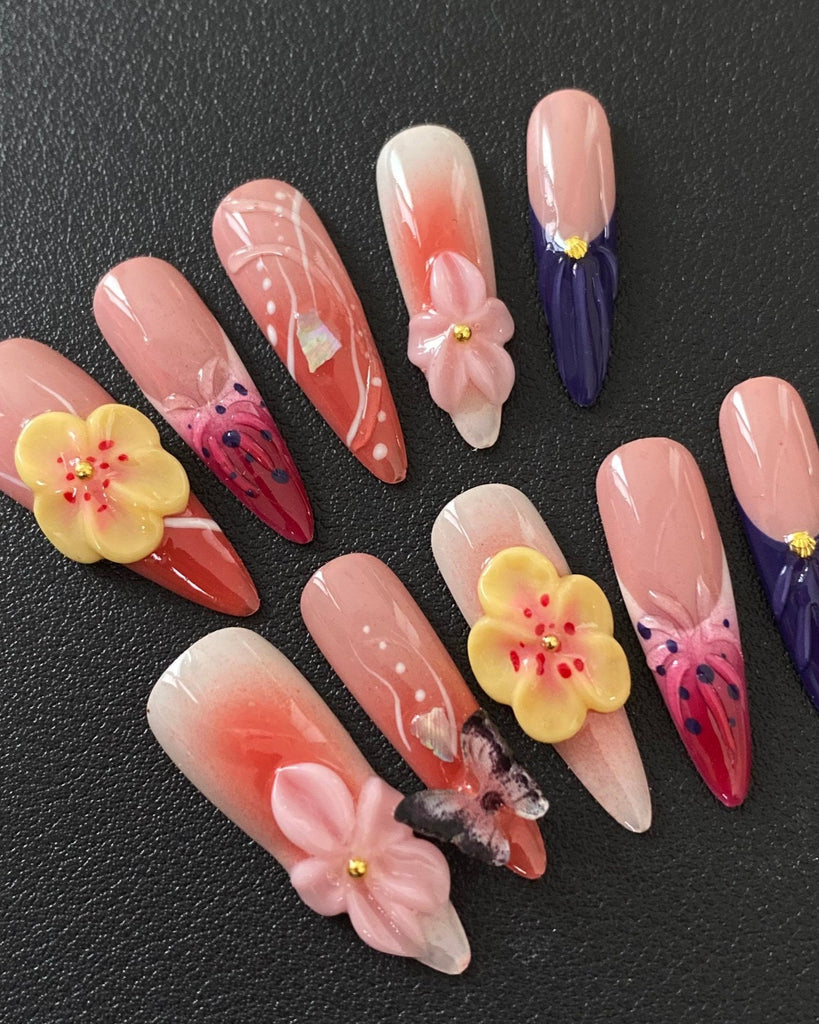 Hand-Painted Butterfly Plumeria 3D Carved Stiletto Nails with Sticky Tabs & Kit E042