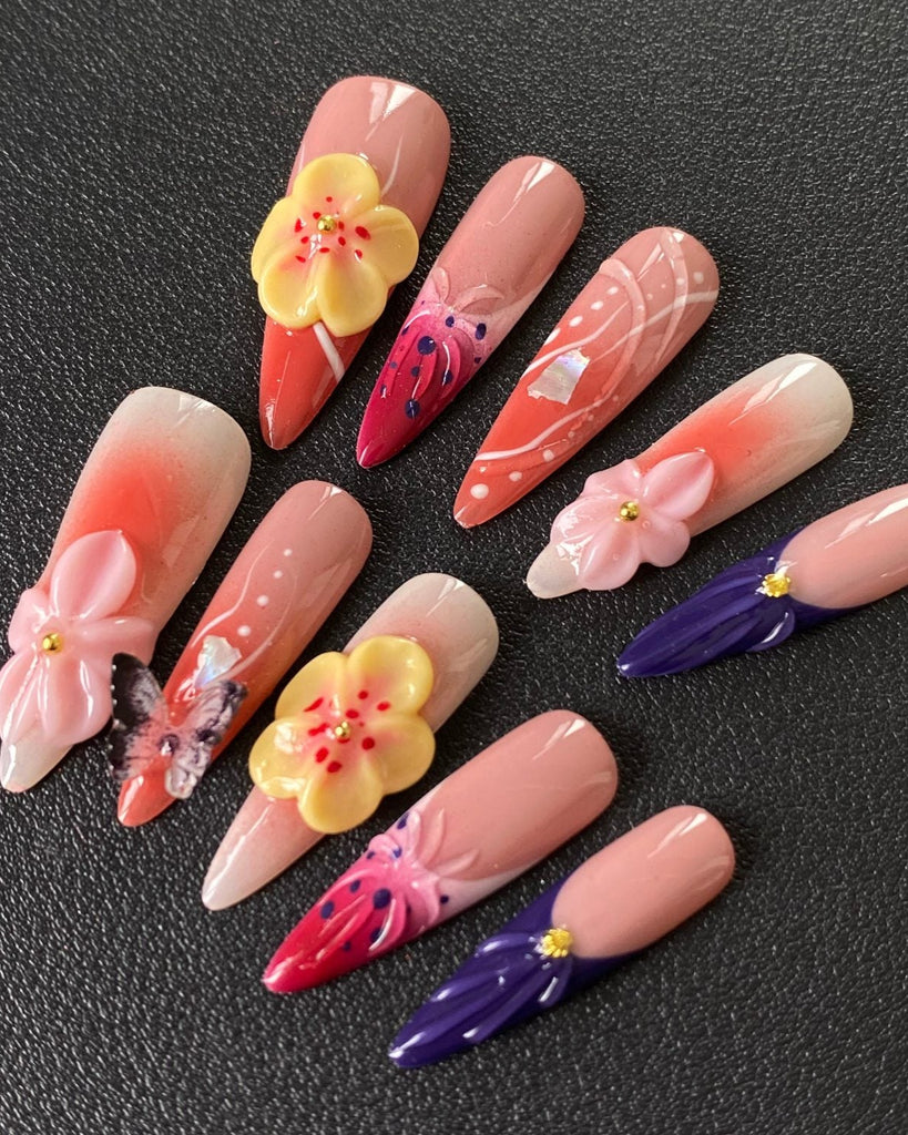 Hand-Painted Butterfly Plumeria 3D Carved Stiletto Nails with Sticky Tabs & Kit E042