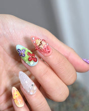 Load image into Gallery viewer, Hand-Painted Colorful Flowers 3D Carved Almond Shaped Nails with Sticky Tabs &amp; Kit E050