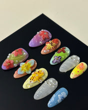 Load image into Gallery viewer, Hand-Painted Colorful Flowers 3D Carved Almond Shaped Nails with Sticky Tabs &amp; Kit E050