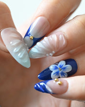 Load image into Gallery viewer, Hand-Painted Blue Ocean 3D Carved Almond Shaped Nails with Sticky Tabs &amp; Kit E060