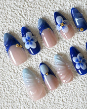 Load image into Gallery viewer, Hand-Painted Blue Ocean 3D Carved Almond Shaped Nails with Sticky Tabs &amp; Kit E060
