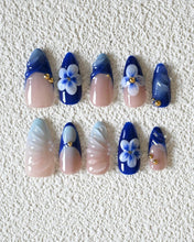 Load image into Gallery viewer, Hand-Painted Blue Ocean 3D Carved Almond Shaped Nails with Sticky Tabs &amp; Kit E060