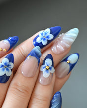 Load image into Gallery viewer, Hand-Painted Blue Ocean 3D Carved Almond Shaped Nails with Sticky Tabs &amp; Kit E060