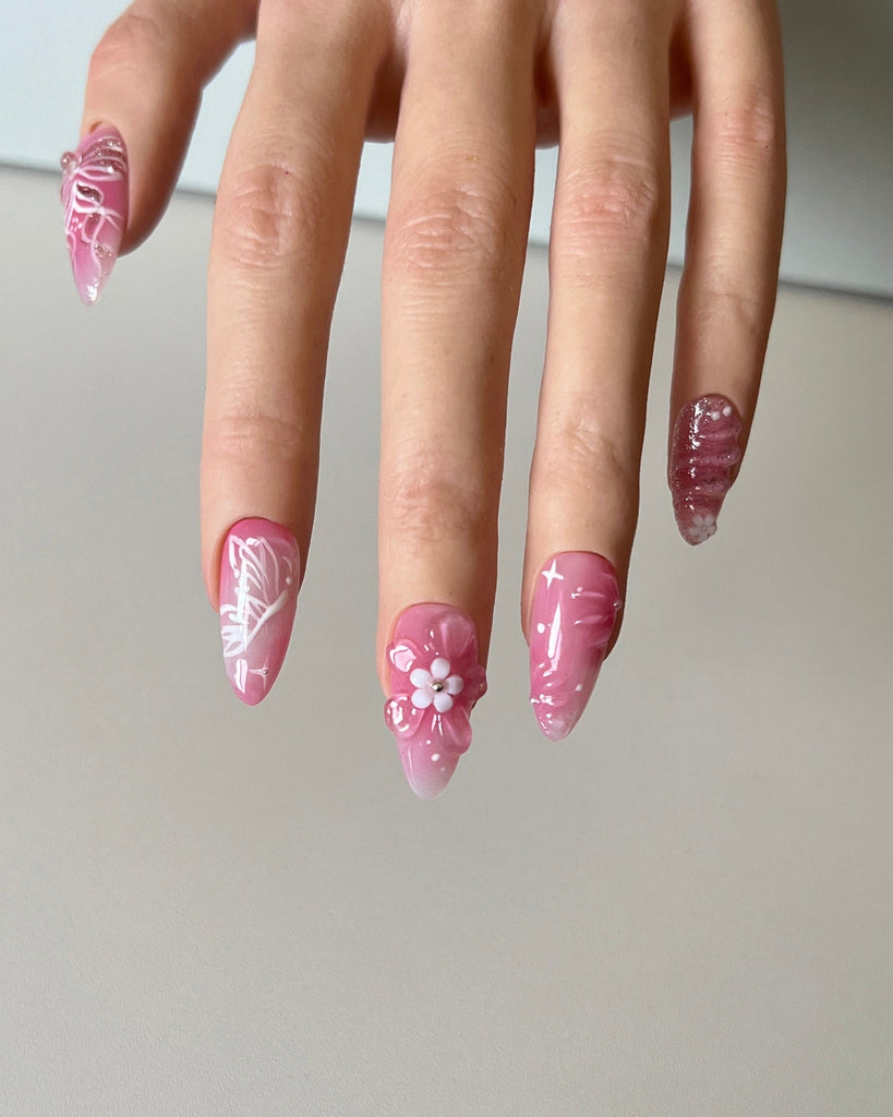 Hand-Painted Pink Bow 3D Carved Almond Shaped Nails with Sticky Tabs & Kit E054