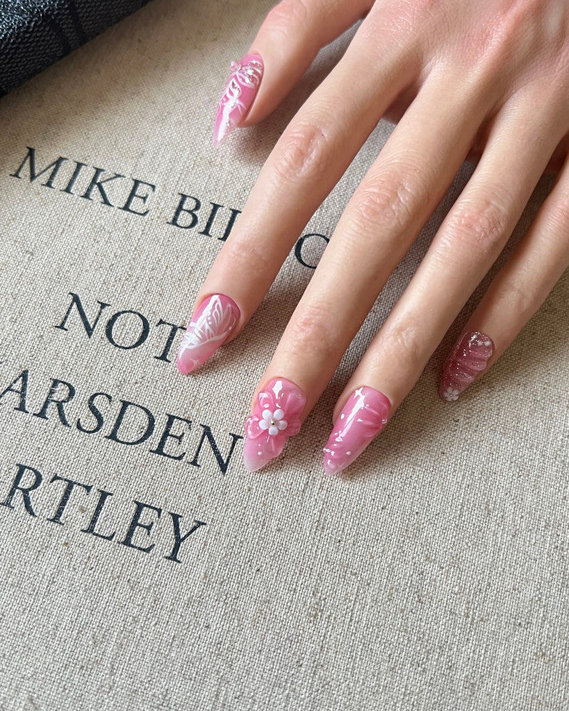 Hand-Painted Pink Bow 3D Carved Almond Shaped Nails with Sticky Tabs & Kit E054