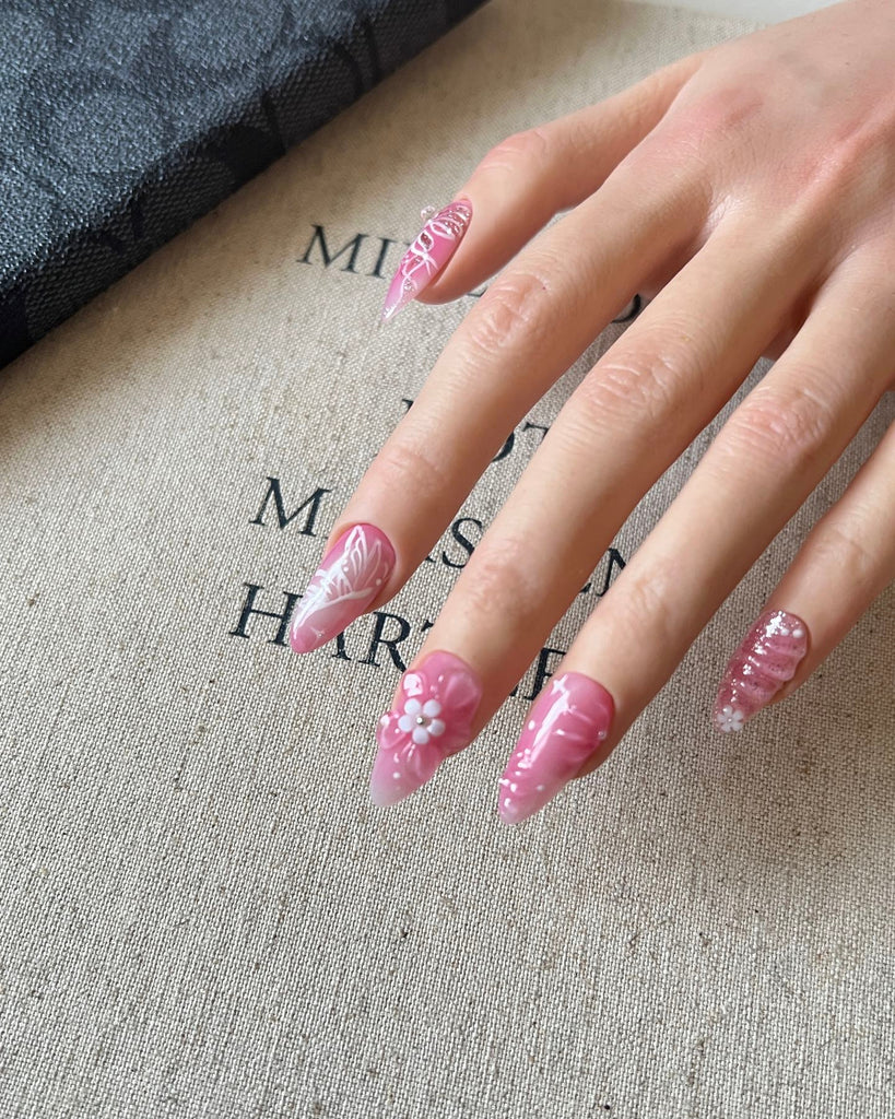 Hand-Painted Pink Bow 3D Carved Almond Shaped Nails with Sticky Tabs & Kit E054