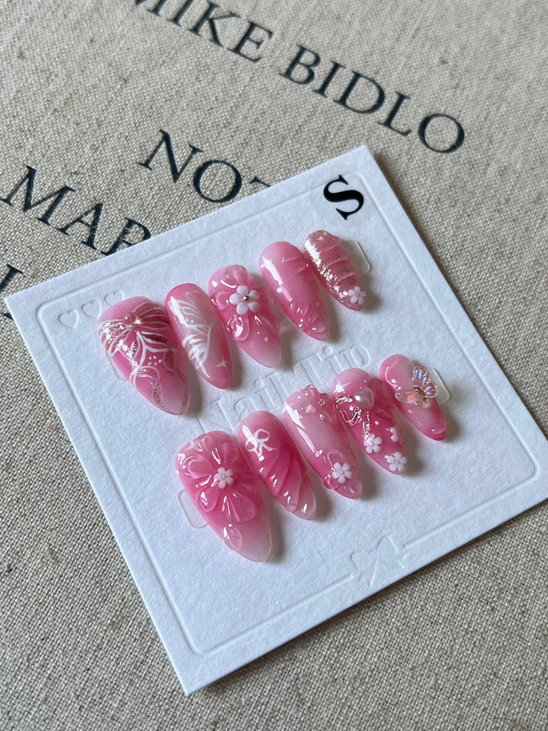 Hand-Painted Pink Bow 3D Carved Almond Shaped Nails with Sticky Tabs & Kit E054