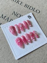 Load image into Gallery viewer, Hand-Painted Pink Bow 3D Carved Almond Shaped Nails with Sticky Tabs &amp; Kit E054