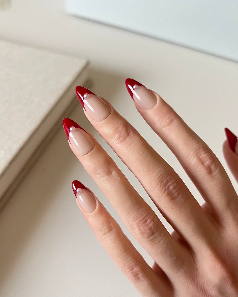 Hand-Painted French Red Pearl Temptation Almond Shaped Nails with Sticky Tabs & Kit A150