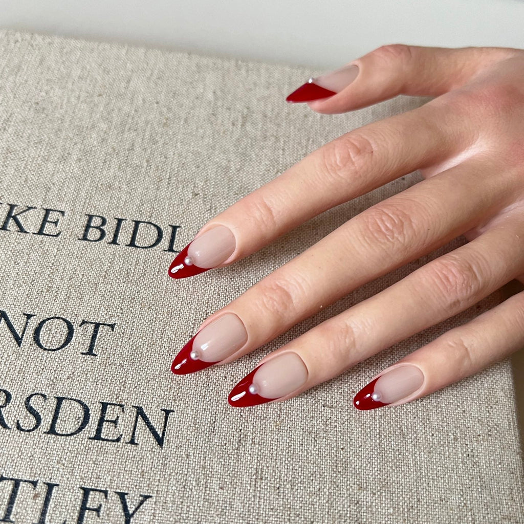 Hand-Painted French Red Pearl Temptation Almond Shaped Nails with Sticky Tabs & Kit A150