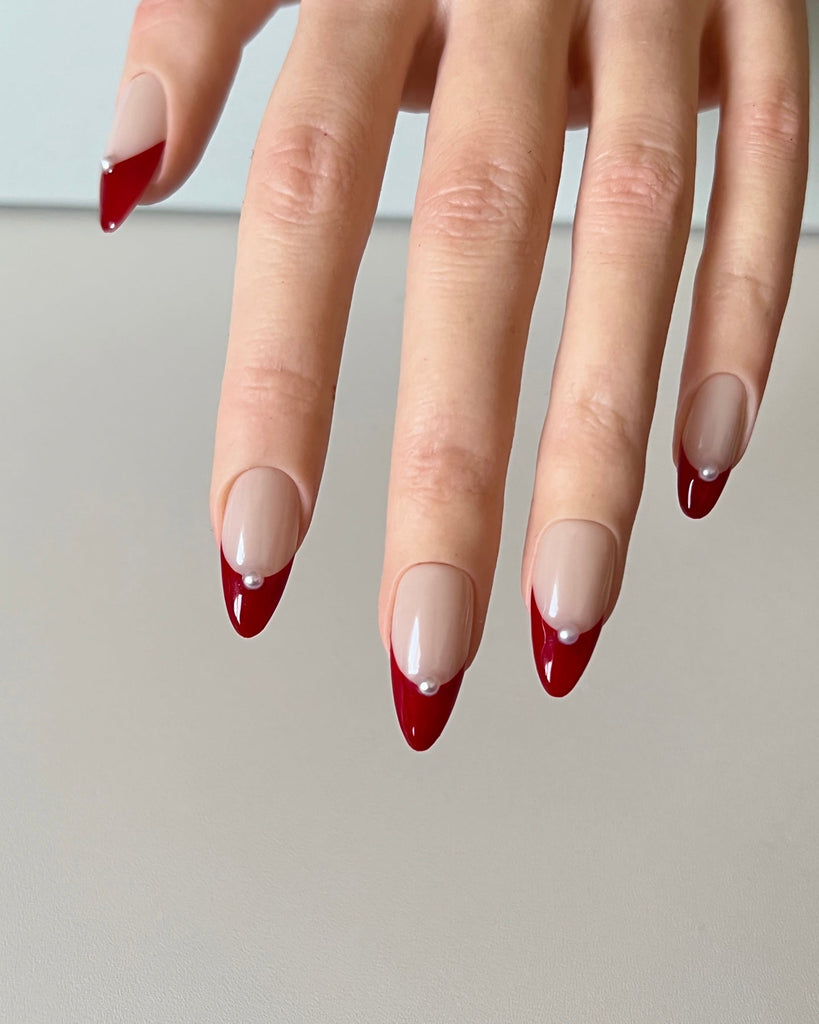 Hand-Painted French Red Pearl Temptation Almond Shaped Nails with Sticky Tabs & Kit A150