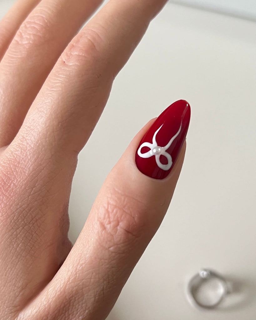 Hand-Painted Christmas bow Almond Shaped Nails with Sticky Tabs & Kit A095