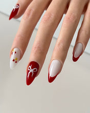 Load image into Gallery viewer, Hand-Painted Christmas bow Almond Shaped Nails with Sticky Tabs &amp; Kit A095