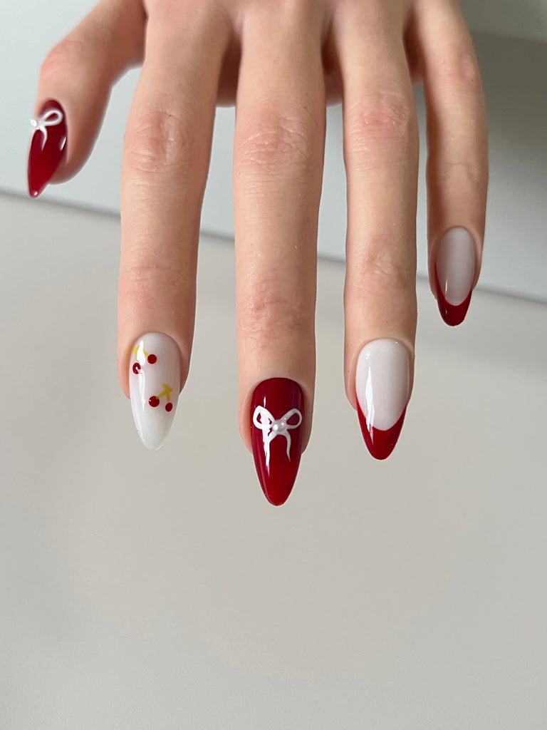 Hand-Painted Christmas bow Almond Shaped Nails with Sticky Tabs & Kit A095