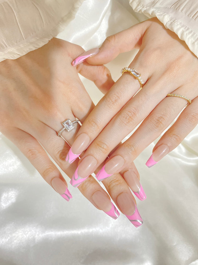 Hand-Painted Hologram Heart Coffin Press-On Nails with Sticky Tabs & Kit A007