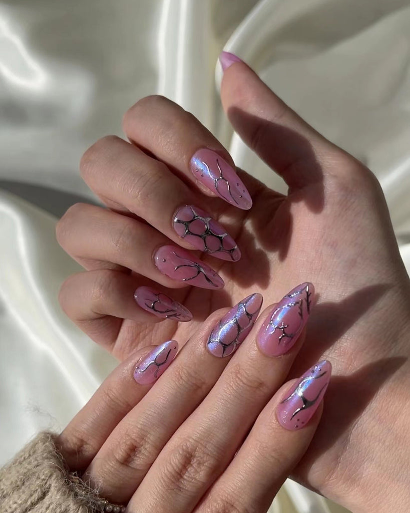 Hand-Painted Twilight Candy Almond Shaped Nails with Sticky Tabs & Kit Y009