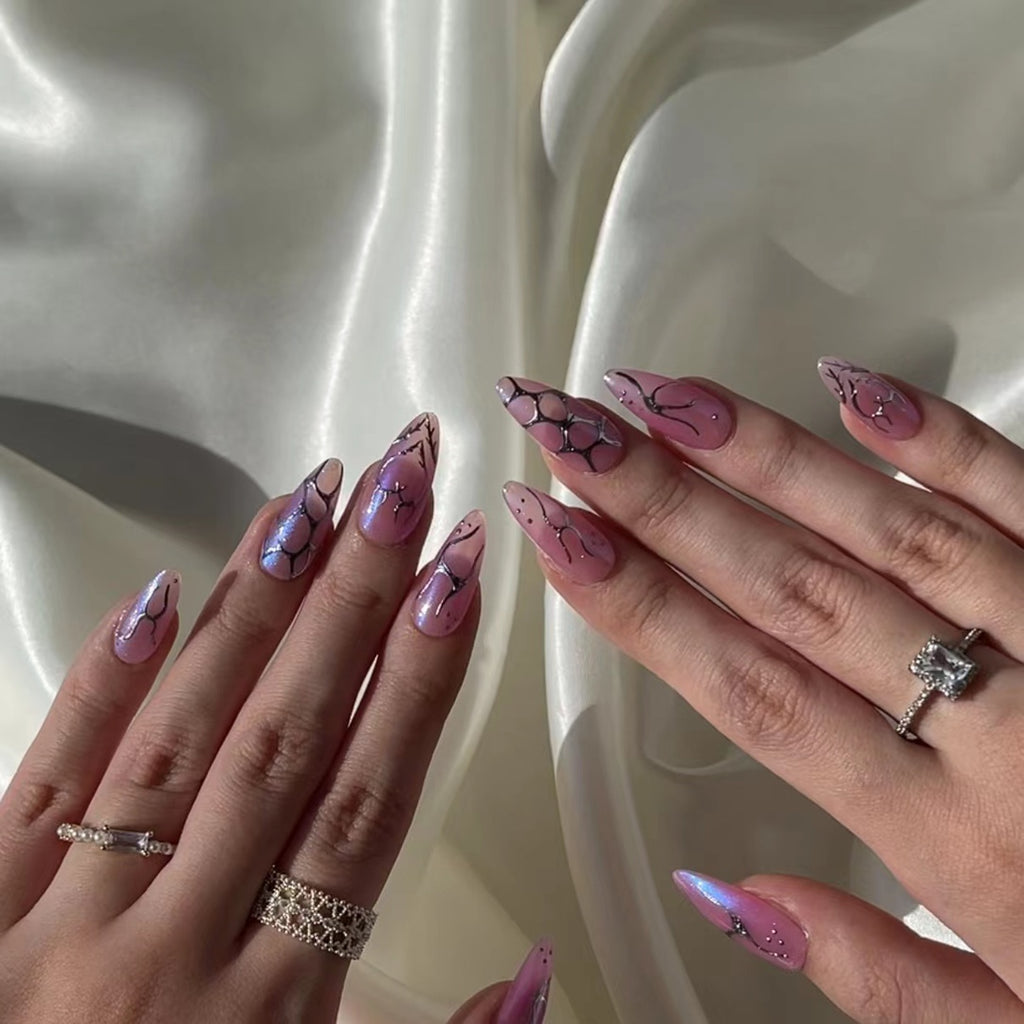 Hand-Painted Twilight Candy Almond Shaped Nails with Sticky Tabs & Kit Y009