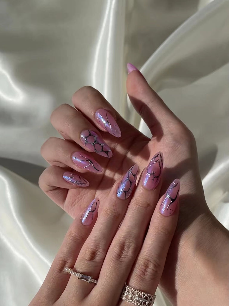 Hand-Painted Twilight Candy Almond Shaped Nails with Sticky Tabs & Kit Y009
