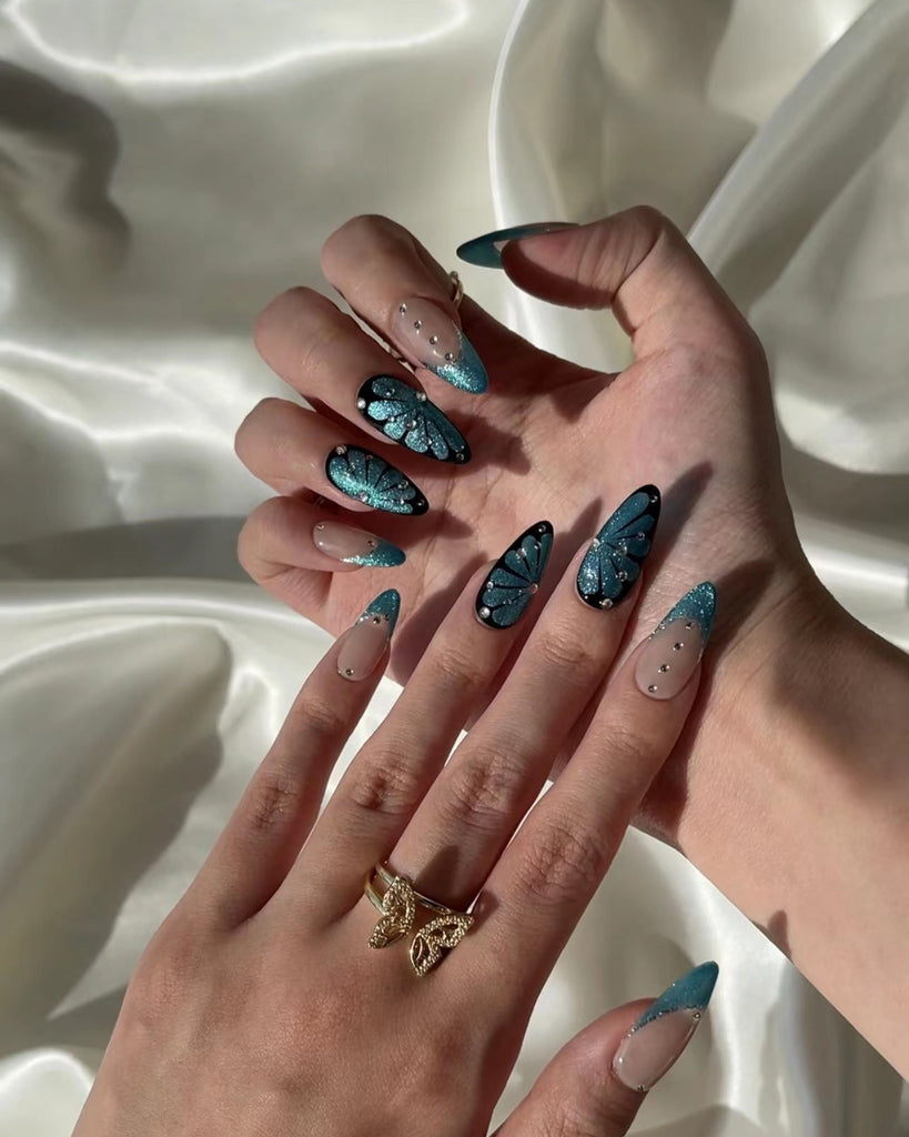 Hand-Painted Abyss Morpho Almond Shaped Nails with Sticky Tabs & Kit Y003