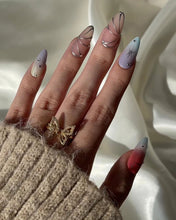 Load image into Gallery viewer, Hand-Painted Gilded Violet Almond Shaped Nails with Sticky Tabs &amp; Kit Y059