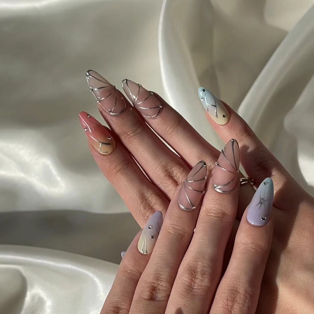 Hand-Painted Gilded Violet Almond Shaped Nails with Sticky Tabs & Kit Y059