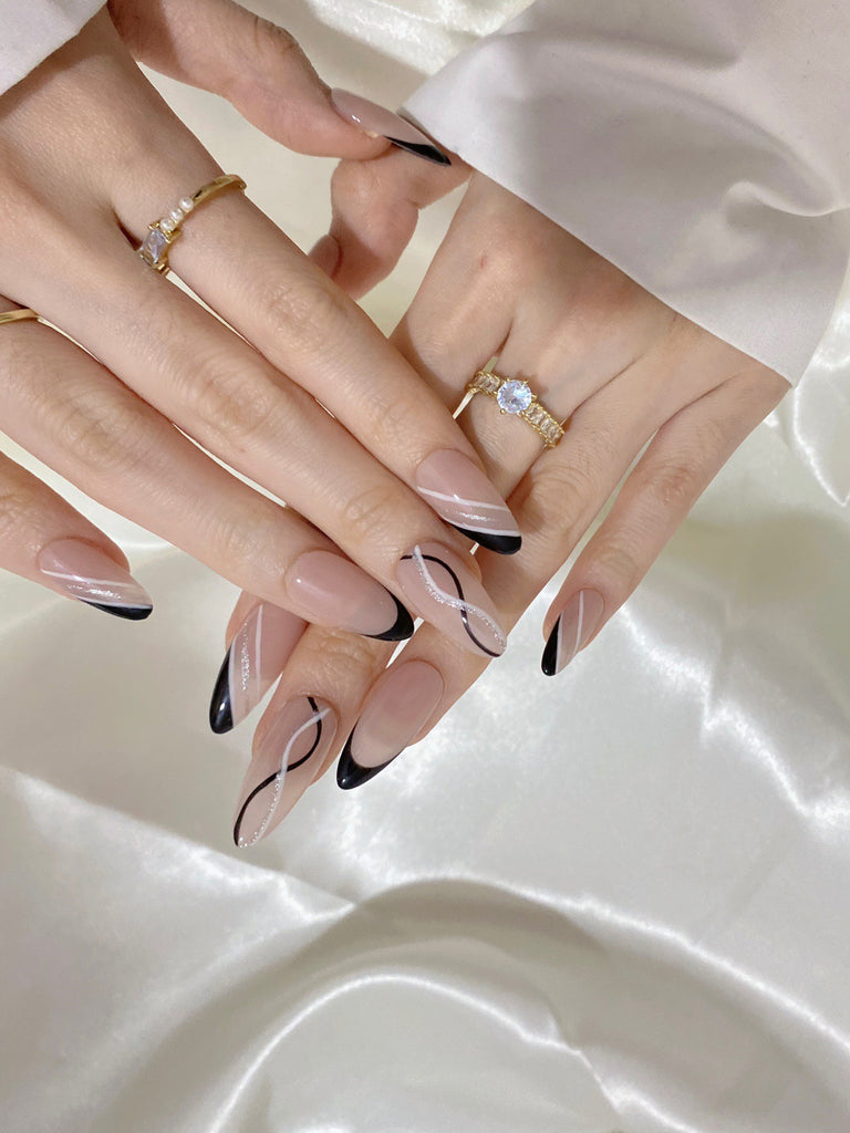 Hand-Painted Micro Hearts Almond Shaped Nails with Sticky Tabs & Kit A039