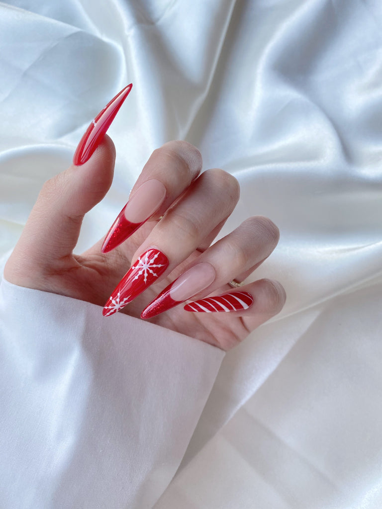 Hand-Painted Candy Cane Stiletto Nails with Sticky Tabs & Kit Y052