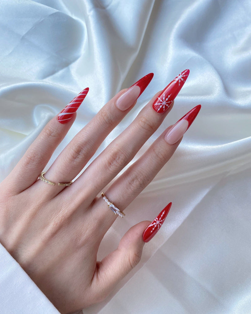 Hand-Painted Candy Cane Stiletto Nails with Sticky Tabs & Kit Y052