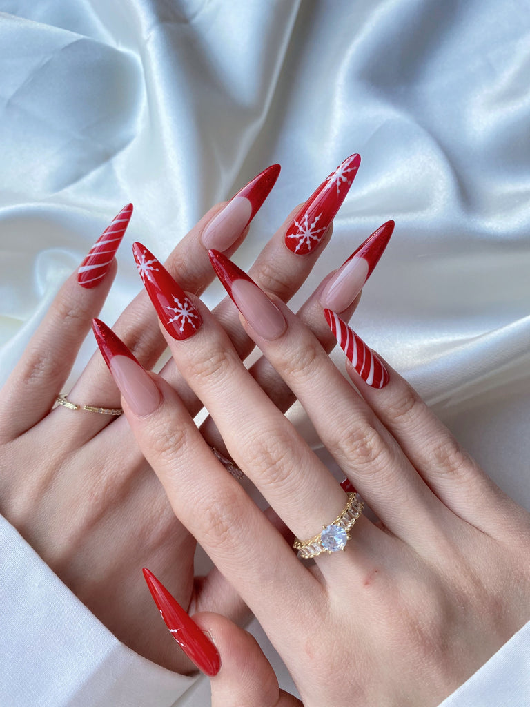Hand-Painted Candy Cane Stiletto Nails with Sticky Tabs & Kit Y052