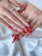 Load image into Gallery viewer, Hand-Painted Candy Cane Stiletto Nails with Sticky Tabs &amp; Kit Y052