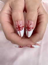 Load image into Gallery viewer, Hand-Painted Pink Ribbon Almond Shaped Nails with Sticky Tabs &amp; Kit A122