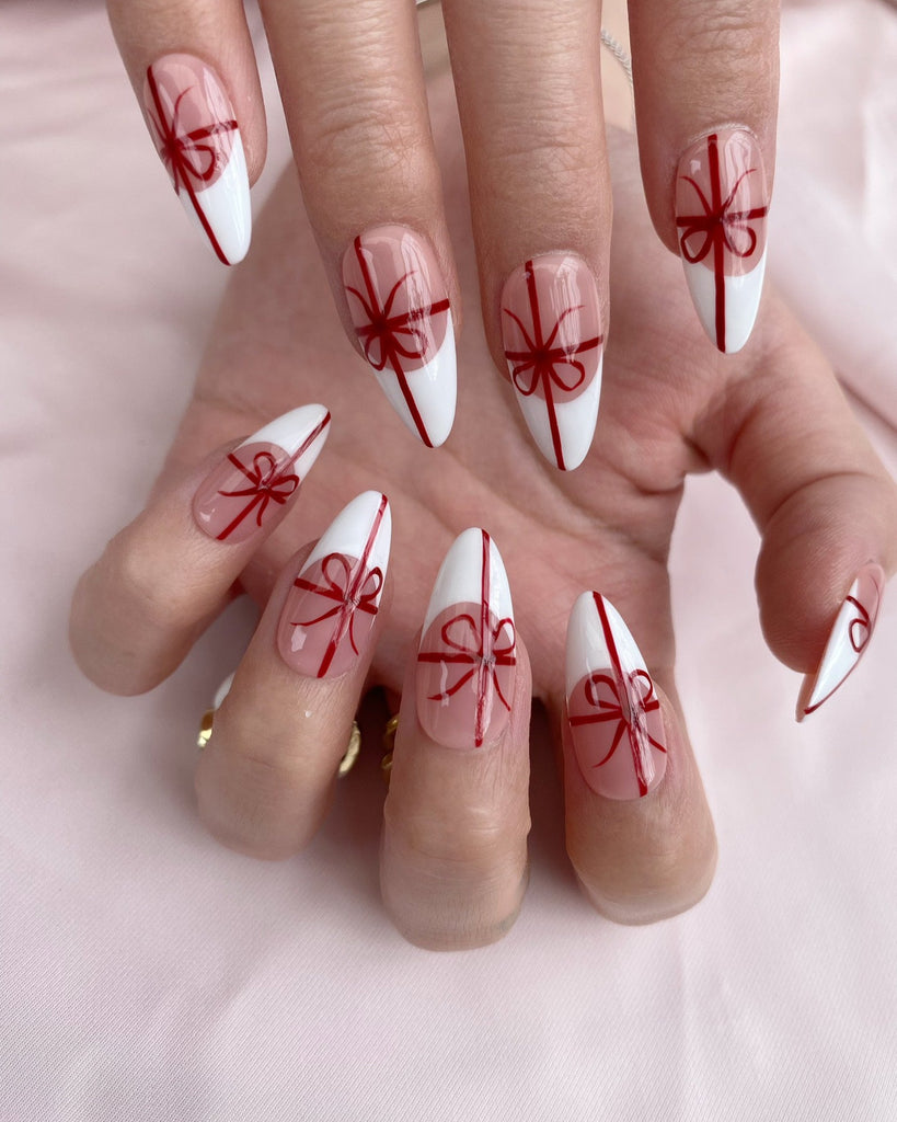 Hand-Painted Pink Ribbon Almond Shaped Nails with Sticky Tabs & Kit A122