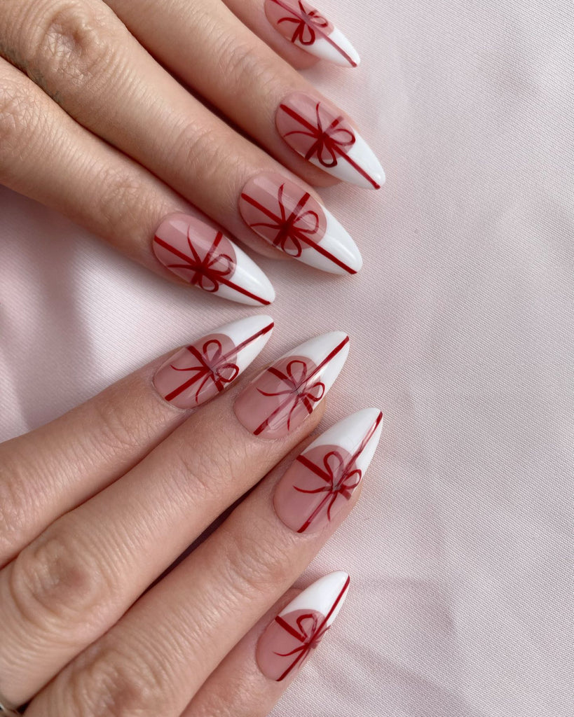 Hand-Painted Pink Ribbon Almond Shaped Nails with Sticky Tabs & Kit A122
