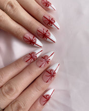 Load image into Gallery viewer, Hand-Painted Pink Ribbon Almond Shaped Nails with Sticky Tabs &amp; Kit A122