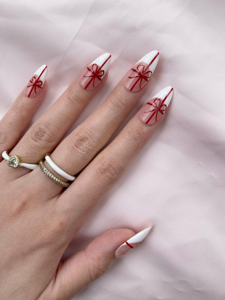 Hand-Painted Pink Ribbon Almond Shaped Nails with Sticky Tabs & Kit A122