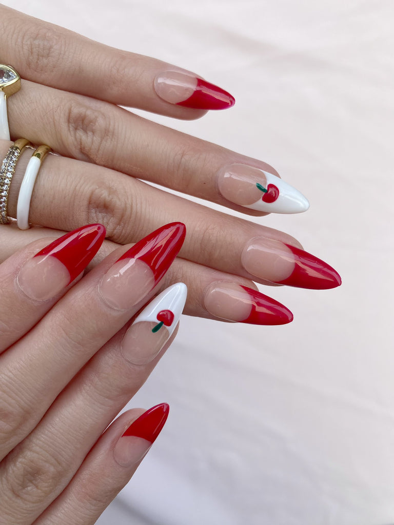 Hand-Painted Cherry Fiz Almond Shaped Nails with Sticky Tabs & Kit A126