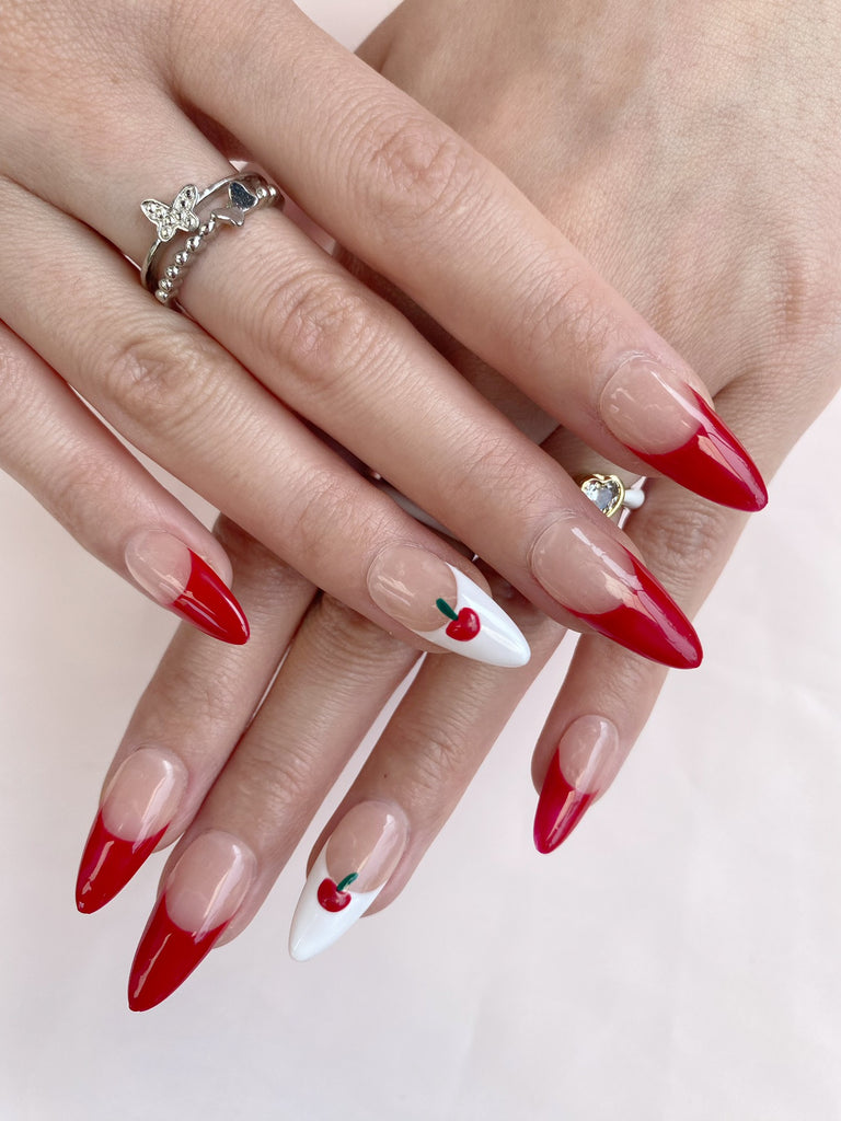 Hand-Painted Cherry Fiz Almond Shaped Nails with Sticky Tabs & Kit A126