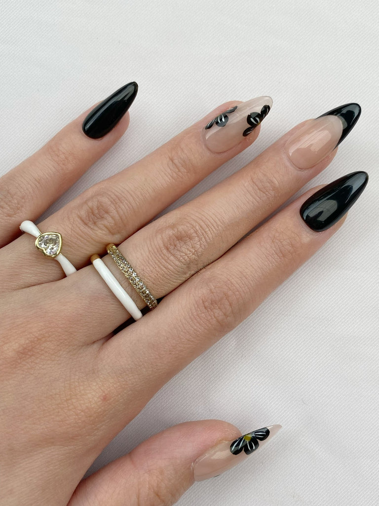 Hand-Painted Black Lotus Almond Shaped Nails with Sticky Tabs & Kit A074
